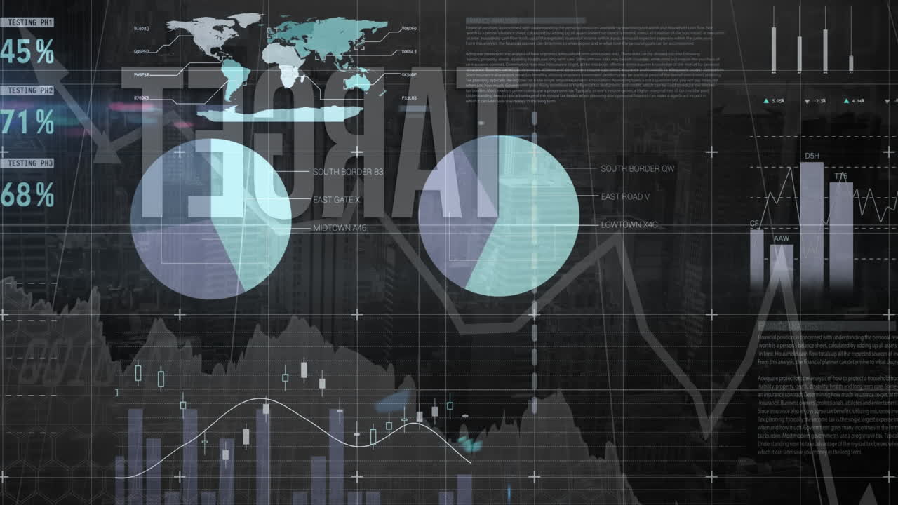 Animation of infographic interface, target text and graphs over aerial view of cityscape