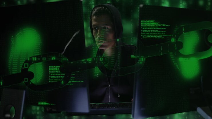 Elaborazione dati di sicurezza informatica con hacker che usa il computer