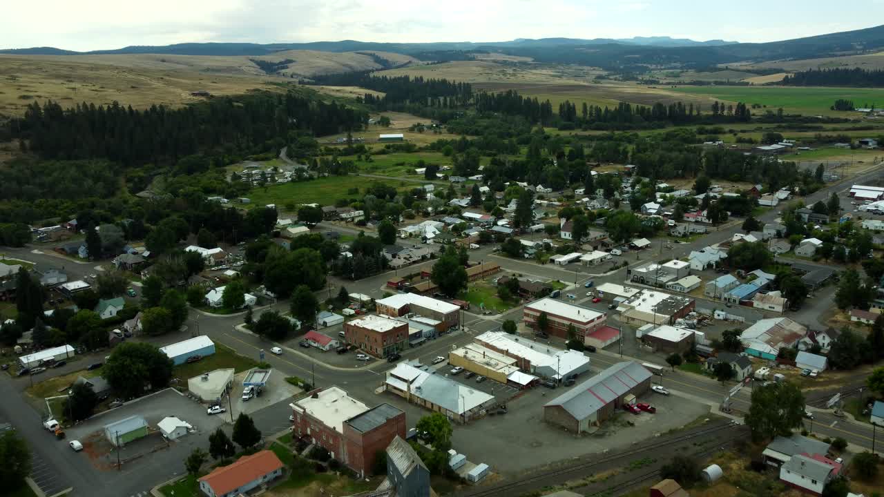 US, Oregon, Elgin, 2025-08-07 - Drone view of the city in Summer