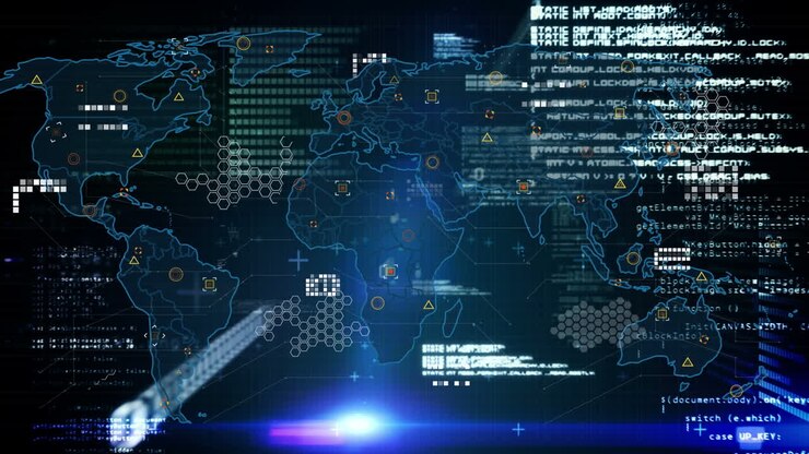 Animation of data processing with world map over dark background