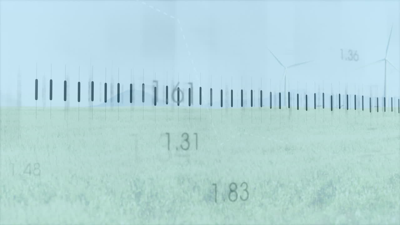 풍력 터빈과 풍경에 대한 금융 데이터 처리 애니메이션