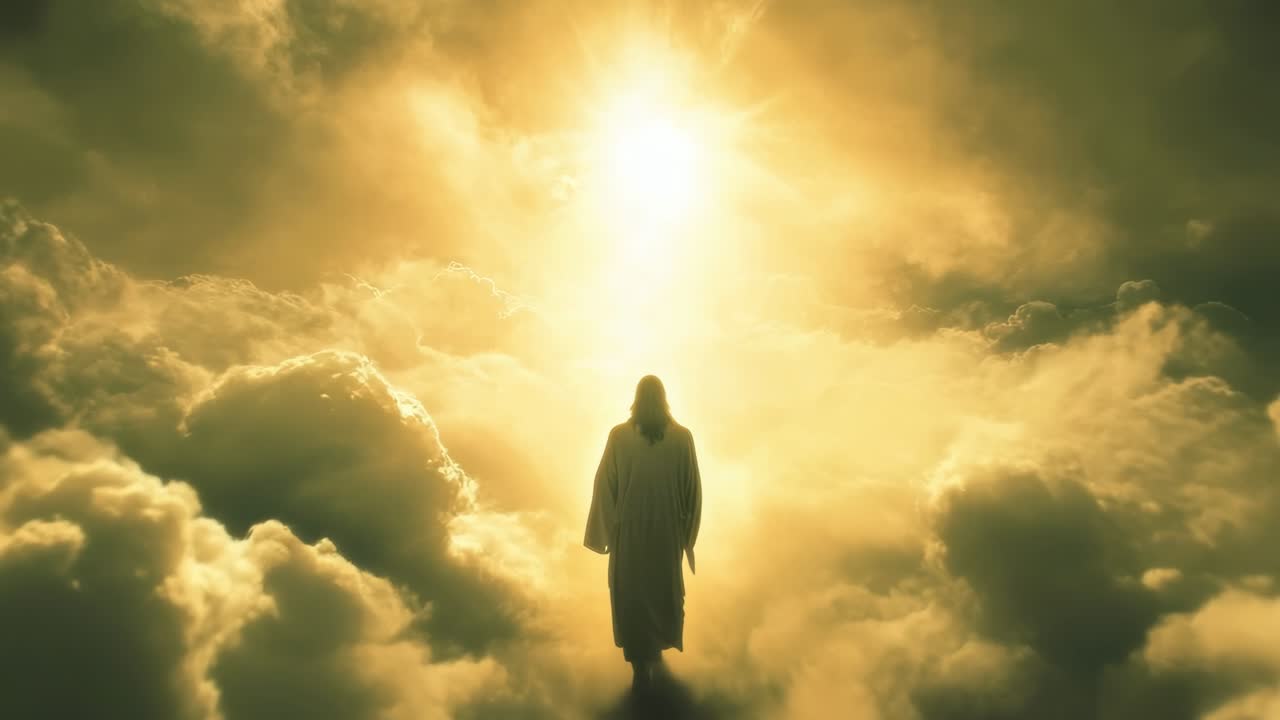 A mystical video scene shows a figure walking into radiant light among clouds, captured from a low