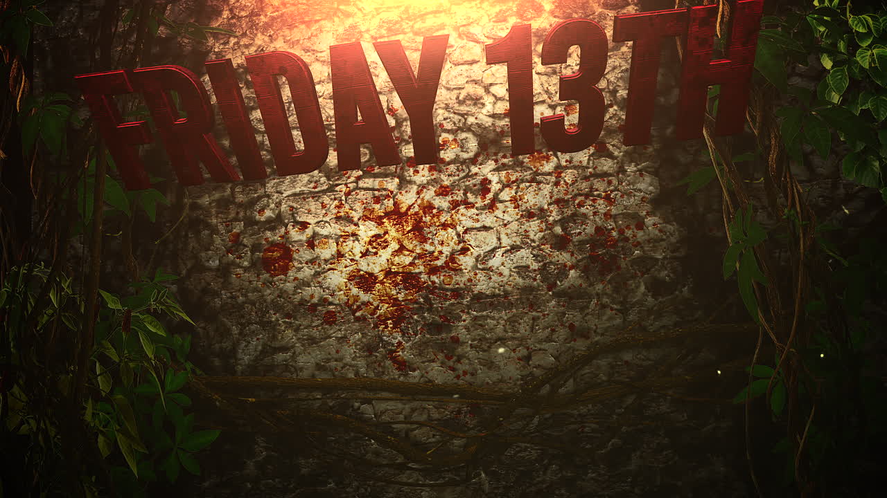 Animation text Friday 13th and mystical horror background with dark blood and motion camera