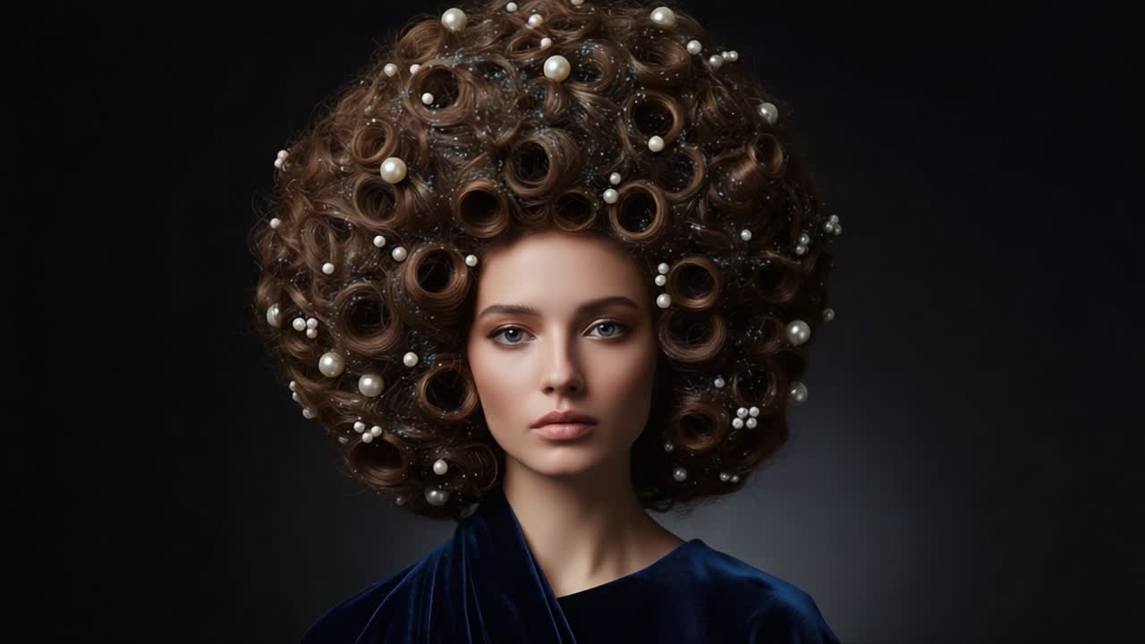 A striking portrait of an elegant woman showcasing an extravagant hairstyle adorned with curls and pearls, evoking a sense of luxury and classic beauty