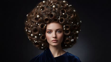 a striking portrait of an elegant woman showcasing an extravagant hairstyle adorned with curls and pearls, evoking a sense of luxury and classic beauty