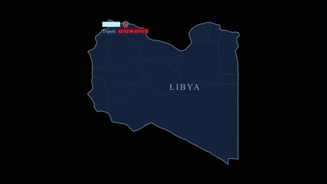 mapa azul de libia con la capital de trípoli y las coordenadas geográficas en fondo negro
