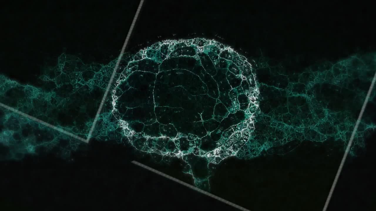 Digital animation of human brain spinning against white lines on black background