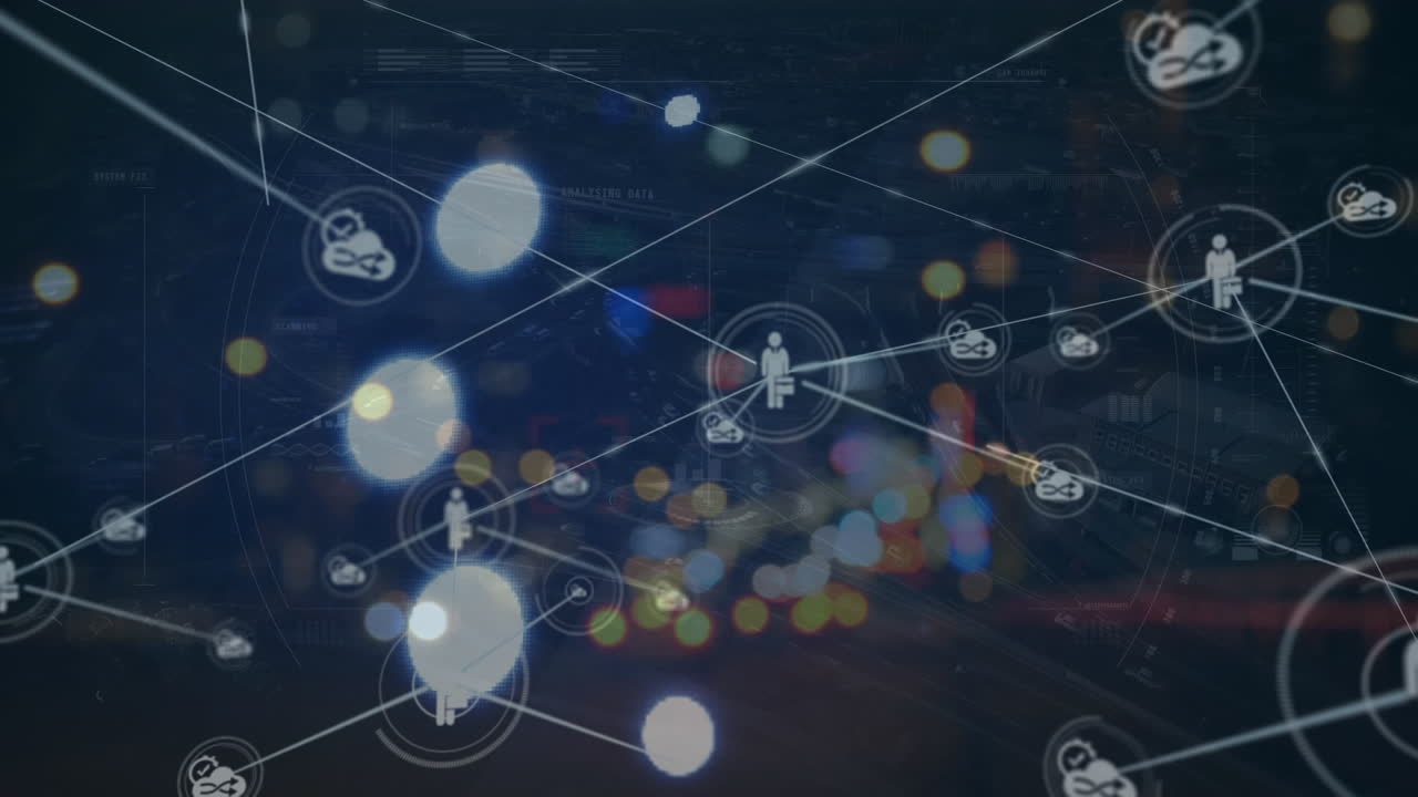 밤 도시 교통에 대항하여 디지털 아이콘 네트워크의 애니메이션