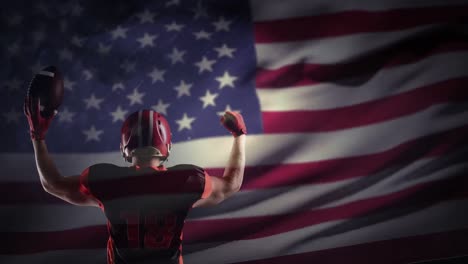 Animation-of-back-view-of-american-football-player-over-usa-flag