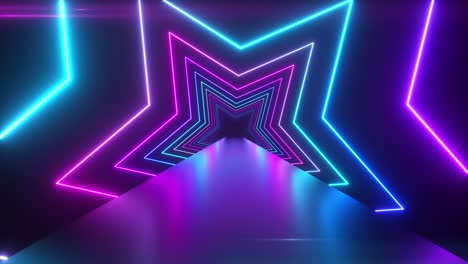 abstract digital background with rotating neon stars. modern ultraviolet blue purple light spectrum. seamless loop 3d render.