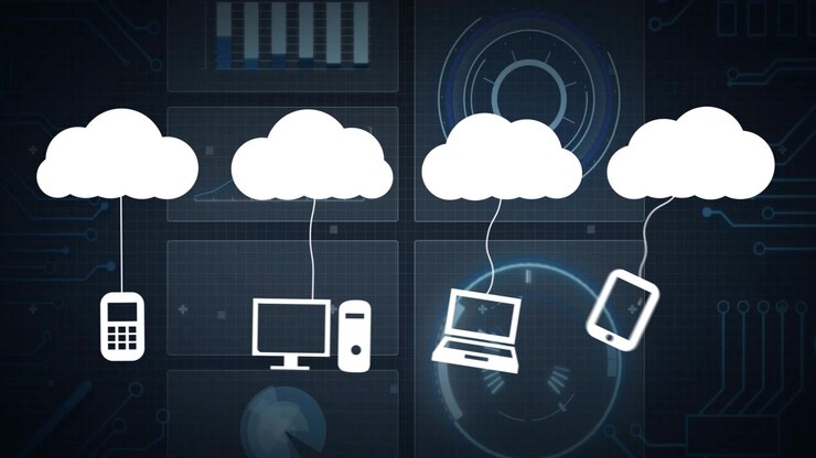 Tilkobling av enheter med skybaserte databehandlingsikoner over digital animasjonsbakgrunn