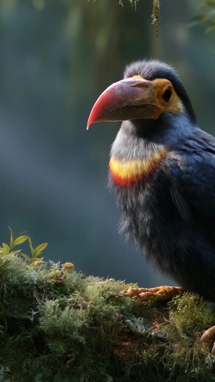 Primo piano sorprendente di un uccello vivace con un becco sorprendente e piume colorate, appollaiato su un ramo muschioso e circondato da un misterioso ambiente forestale.