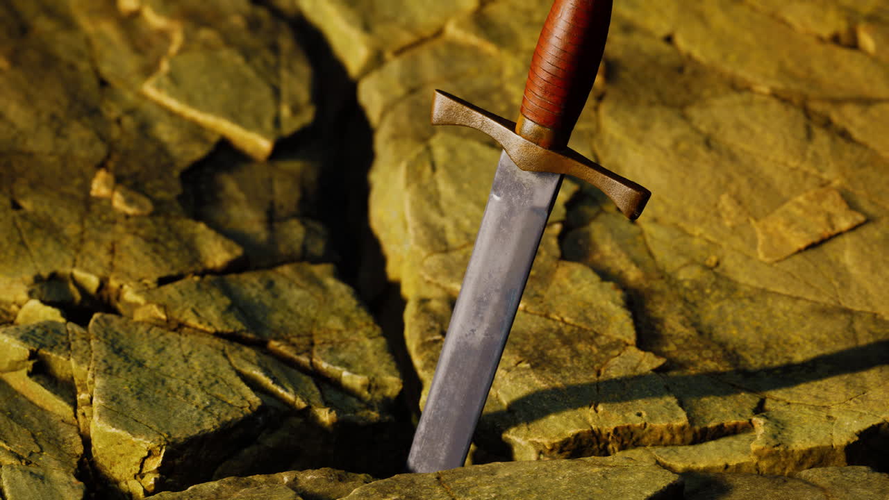 la espada excalibur en la piedra rocosa al atardecer