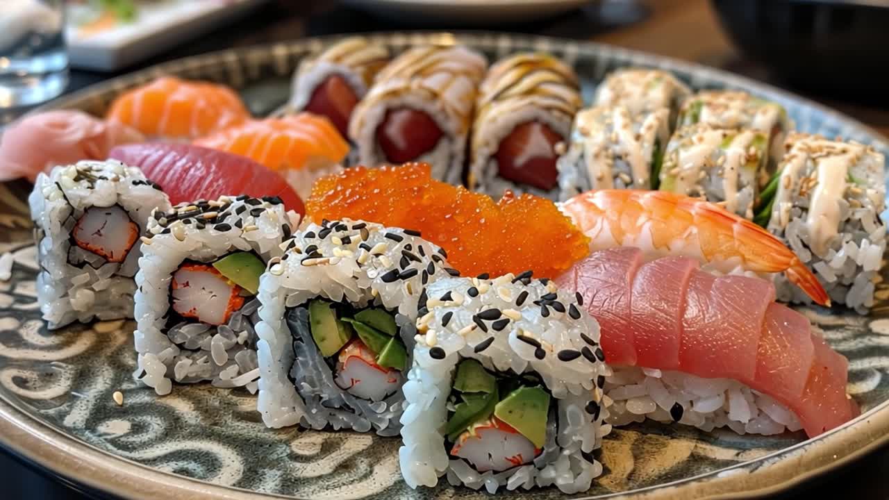 A close-up of a plate filled with various types of sushi and maki rolls