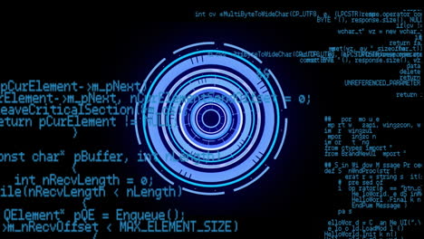 digital animation of neon round scanner against data processing on black background