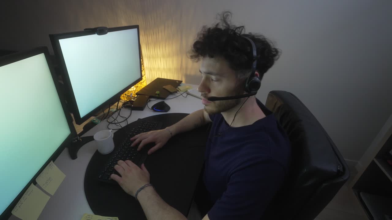 젊은 남성이 집안에서 컴퓨터를 사용하는 동안 카메라를 쳐다보고 있습니다.