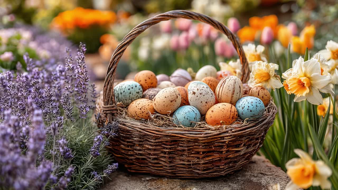 A Beautifully Arranged Basket of Vibrantly Colored Easter Eggs Surrounded by Cheerful Spring Flowers in a Garden Setting, Celebrating the Joy of Springtime Festivities