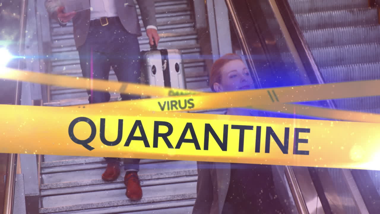 Yellow police tapes with Danger, Virus and Quarantine text against people using escalator