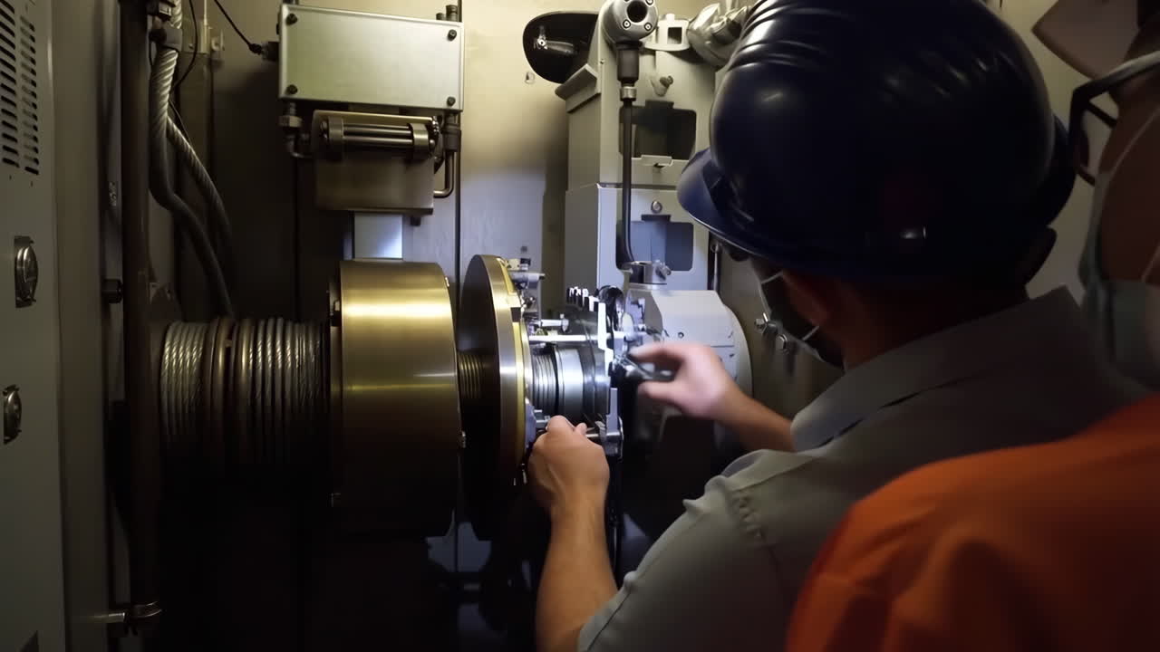 Technicians operate industrial machinery in a factory setting