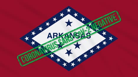 arkansas us state swaying flag with green stamp of freedom from coronavirus, loop