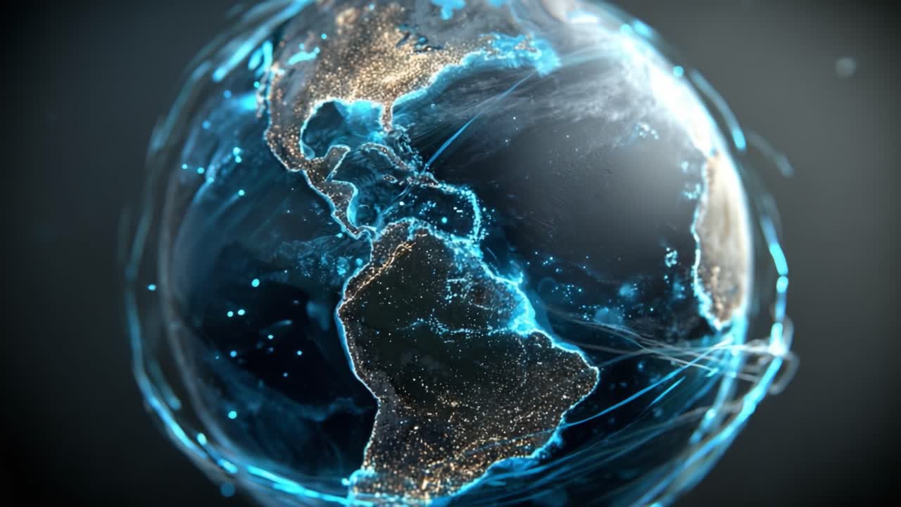 Uma visualização deslumbrante da Terra destacando as Américas com linhas luminosas que representam conectividade e fluxo de dados na era digital.