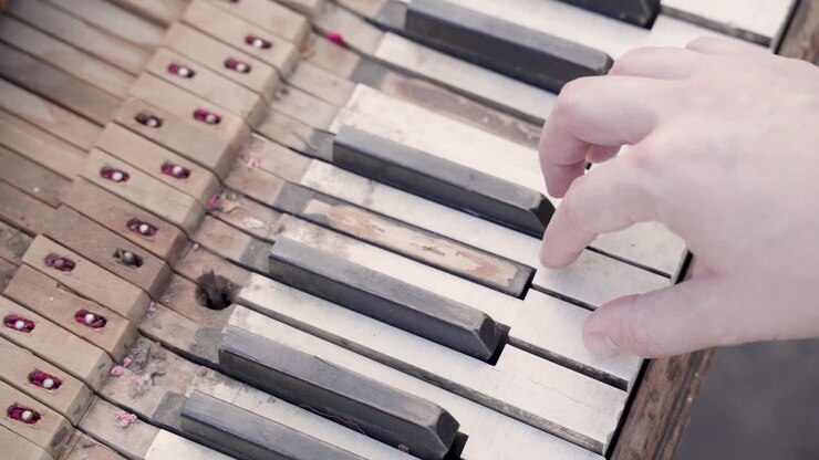 Closeup of Old Broken Piano Being Played by a Caucasian Female