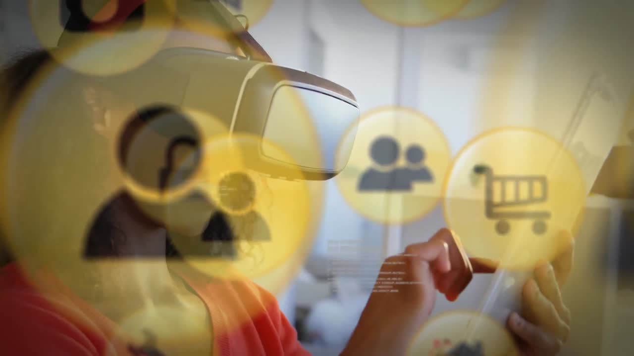 Yellow icon with woman wearing VR headset