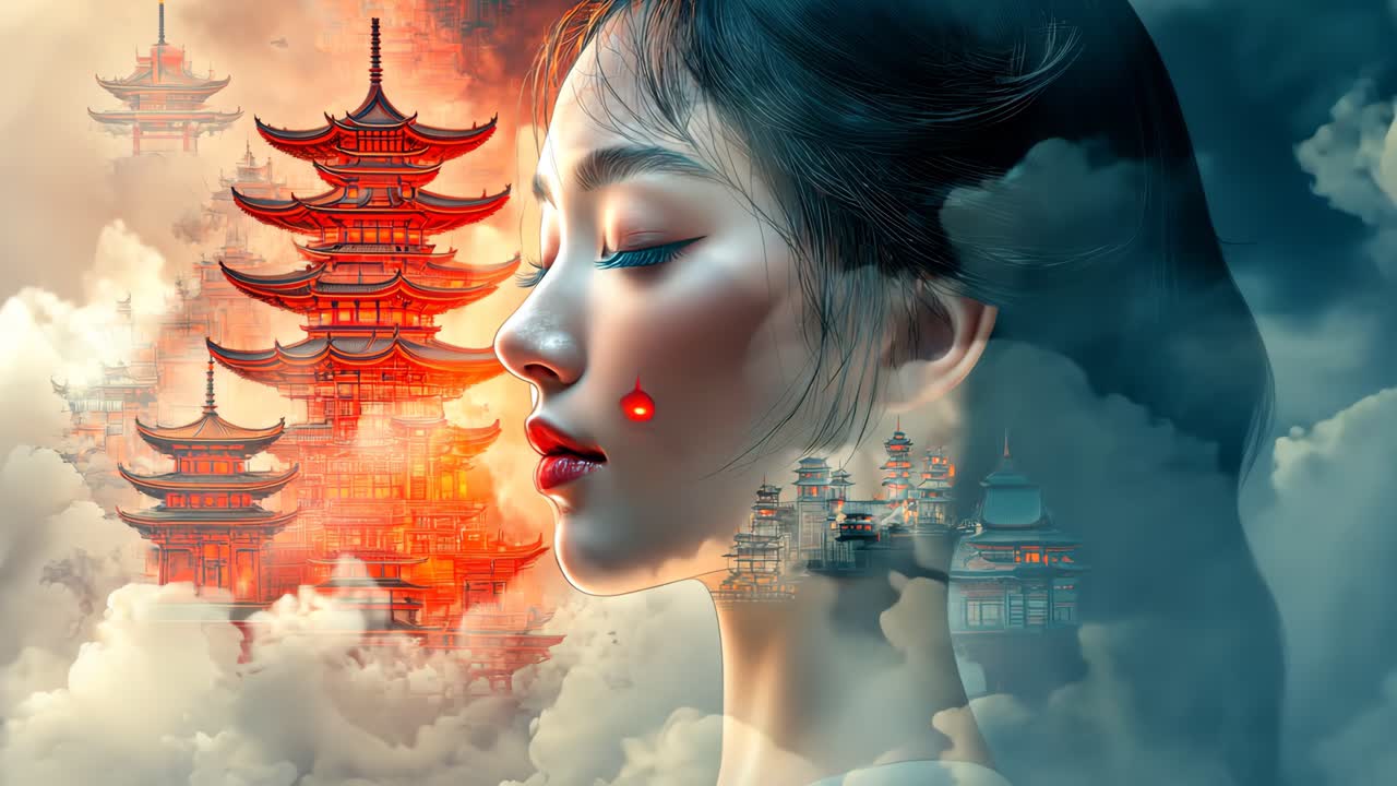 ethereal woman with traditional architecture and clouds in background ...