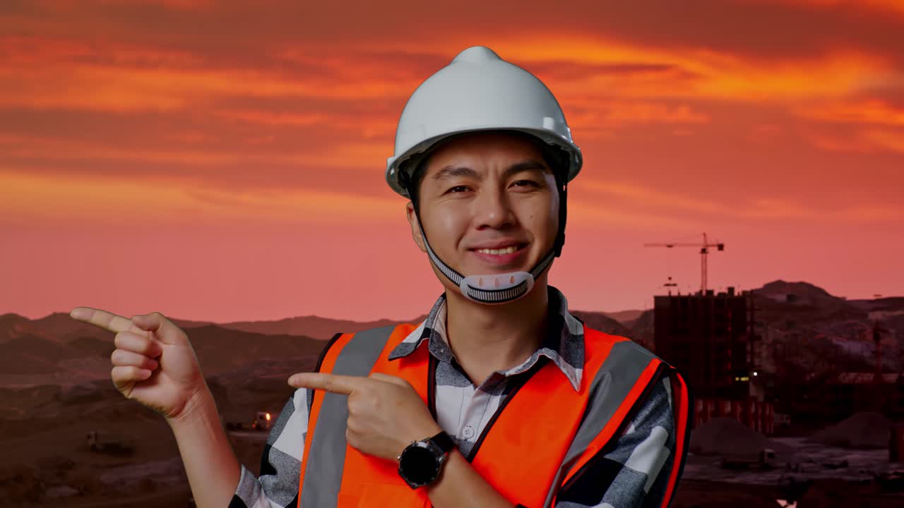 primer plano de un ingeniero masculino asiático con casco de seguridad sonriendo y apuntando hacia un lado mientras está de pie en el sitio de construcción, maquinaria de minería