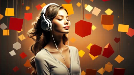 woman enjoying music with headphones in a colorful abstract background