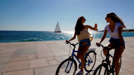 friends cycling along the coastal promenade
