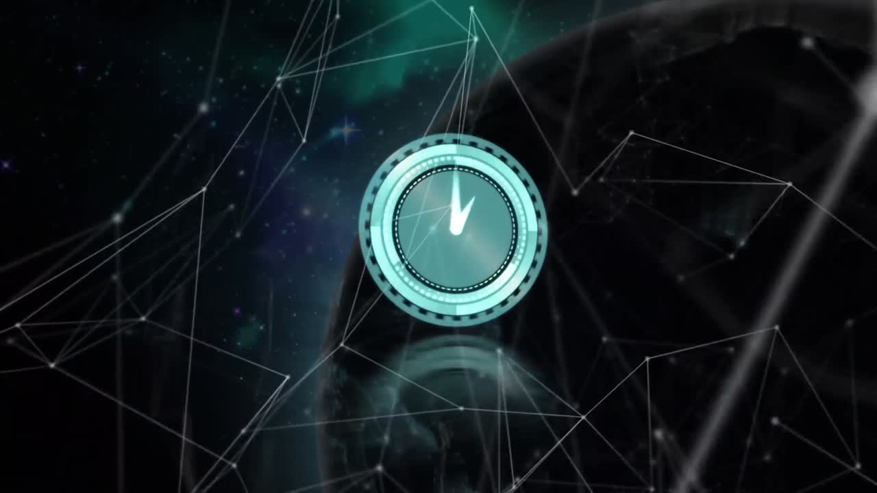 Neon digital clock ticking and network of connections against spinning globe