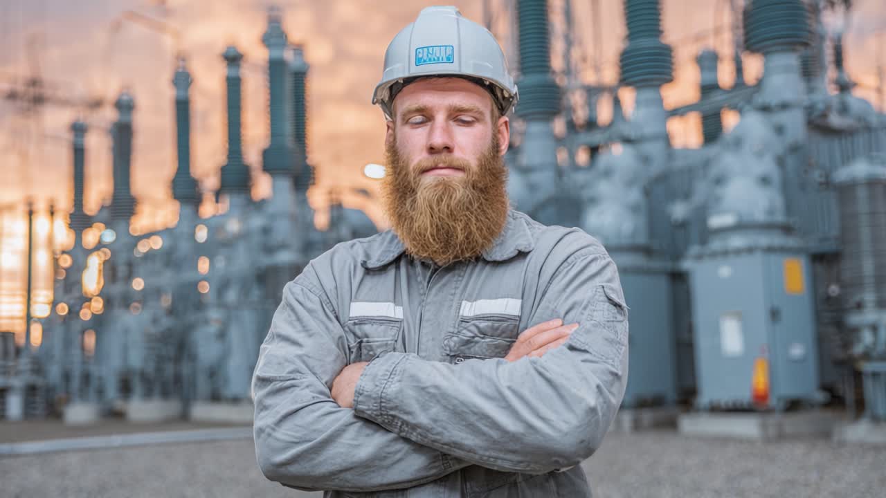Confident Electrician in Safety Gear at Power Station: Showcasing Industry Expertise Against a Stunning Backdrop of High Voltage Equipment