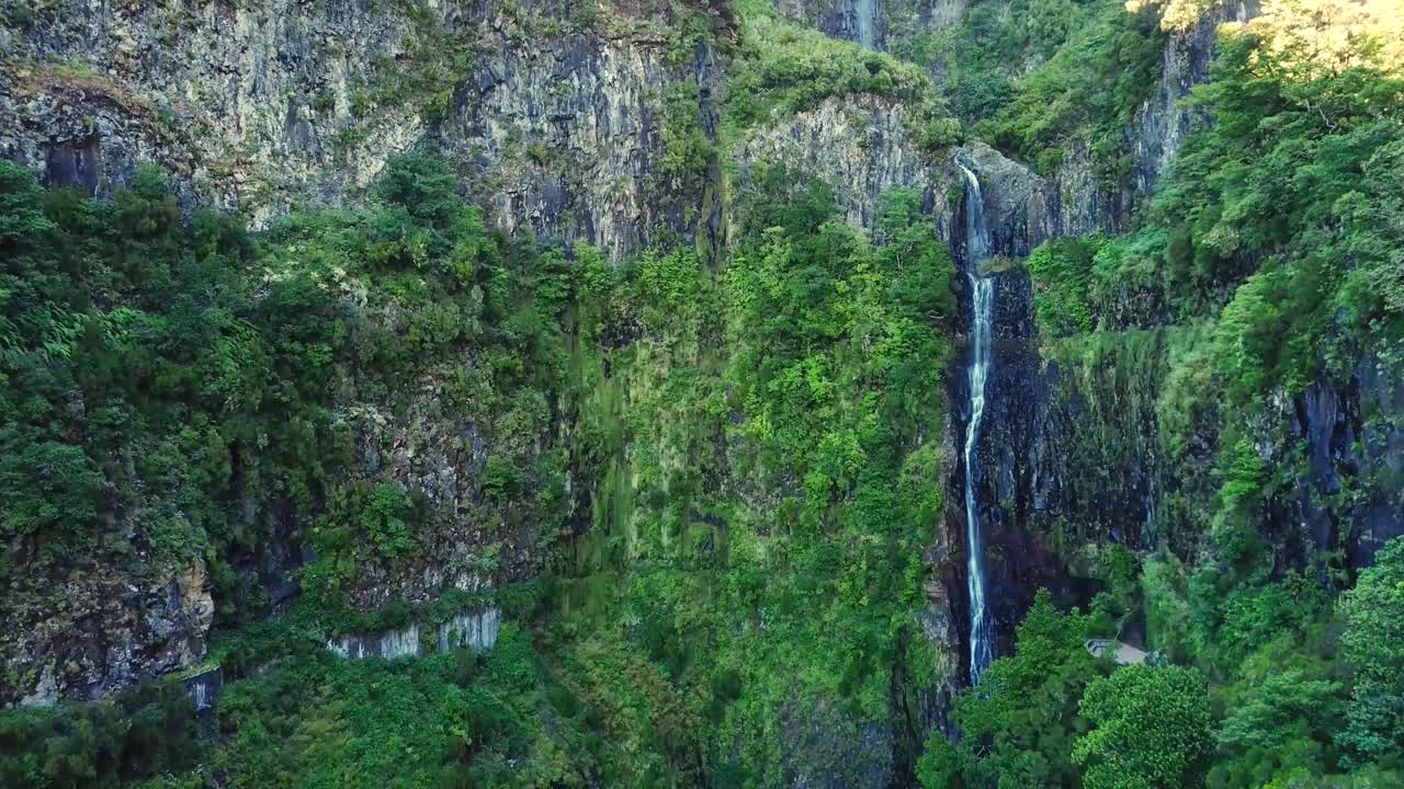 Cascata do Risco, a stunning waterfall cascading down a rocky cliff face, surrounded by vibrant green vegetation in Madeira, Portugal, creating a picturesque natural landscape, drone descending shot