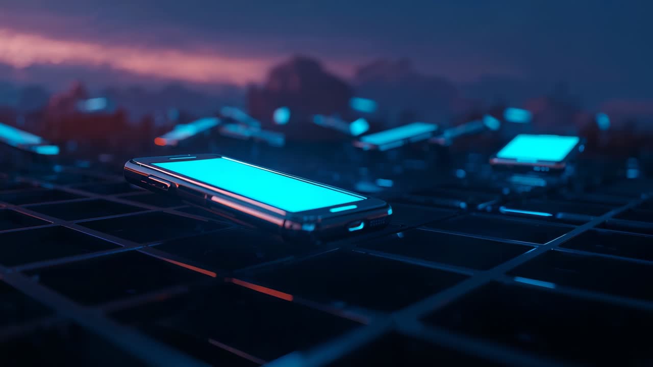 Emitting blue light initiating camera pulling back tilting over grid, revealing glowing smartphones