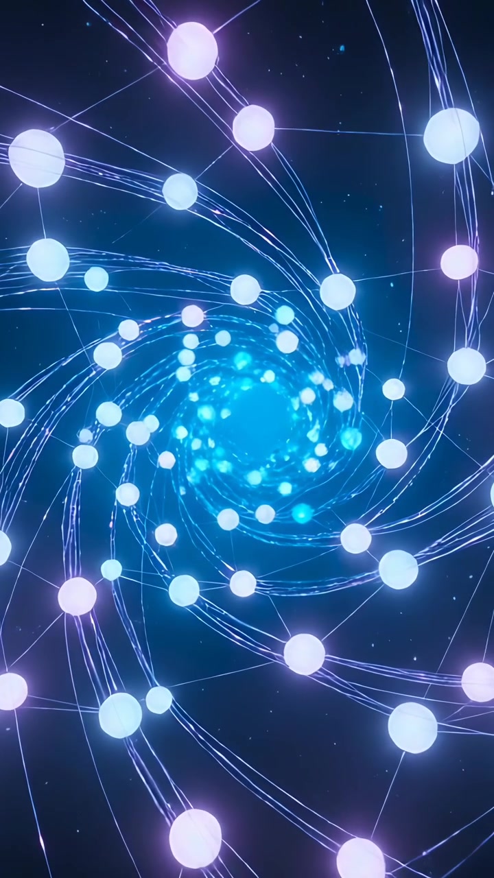 Vertical video: Camera framing spiral rotating trails pulling glowing nodes inward toward cyan core