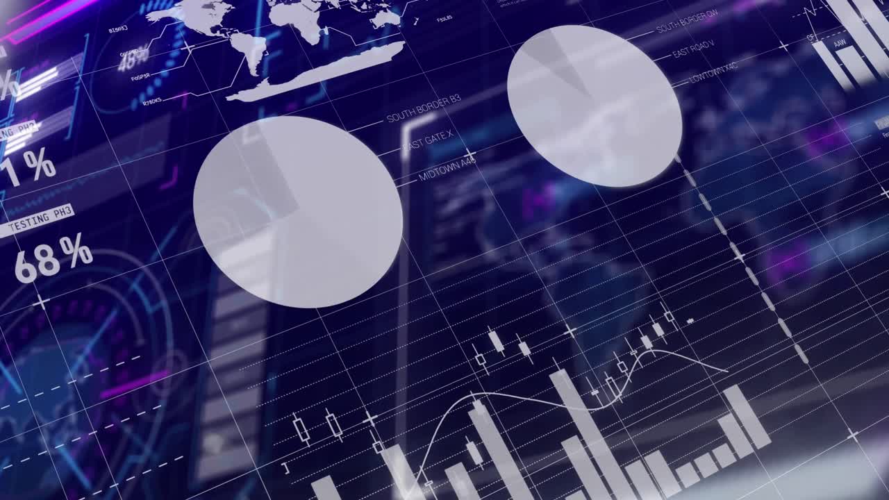 Animation of infographic interface over globe and map against blue background