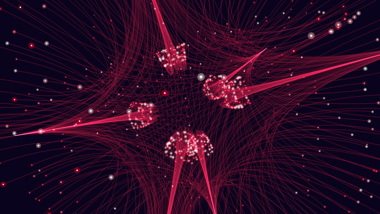 A 3D digital illustration showing a futuristic abstract network featuring red lines forming a circular pattern with scattered dots interspersed