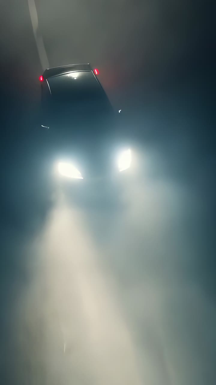 Vertical video: Entering top-left, dark car moving to navigate foggy road, headlights cutting mist