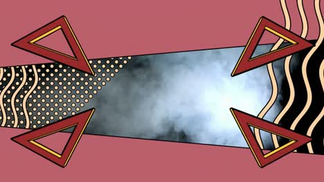 animation of rotating triangles and graphic elements framing smoke cloud, on black