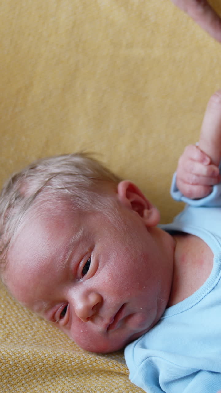 Adorable newborn boy holding tight his dad's finger. Few hours old infant in the crib close up. Vertical video
