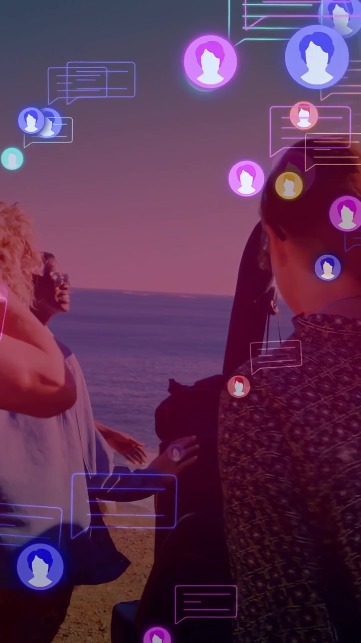 Vertical video: Group arriving at trunk, heading to ocean while chat icons drifting over them