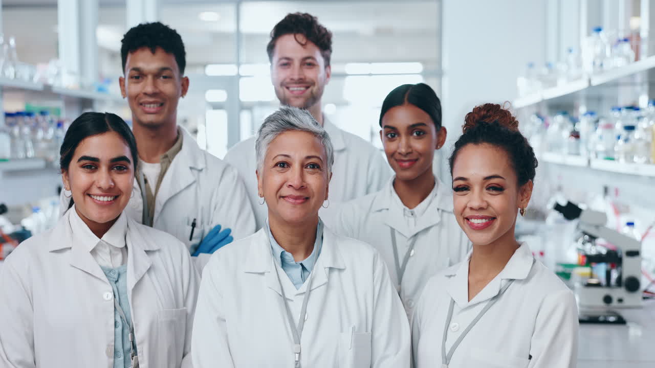 Face, group and happy scientist people