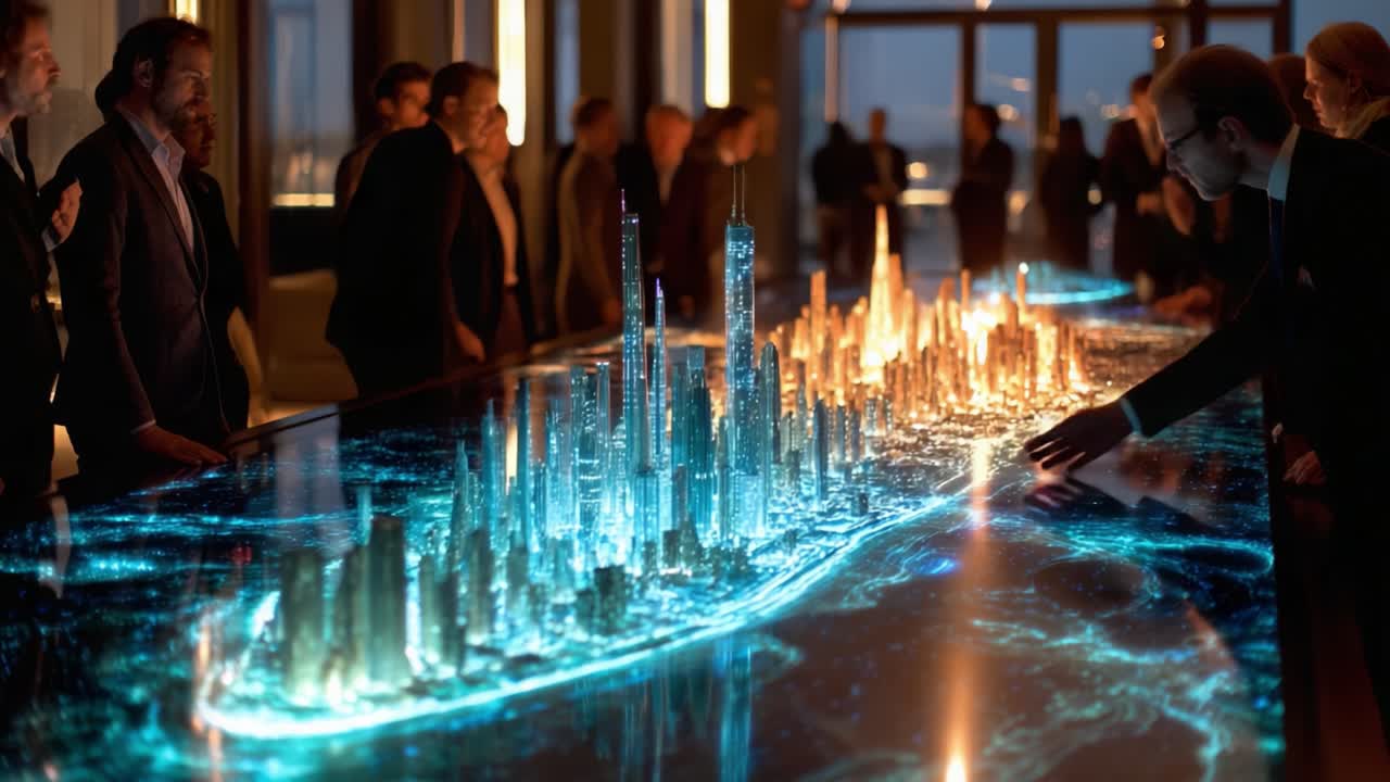 A Group of Individuals Engaged in Interactive Exploration of a Futuristic Digital Cityscape on a High-Tech Table Displaying Vibrant Lights and Architectural Models