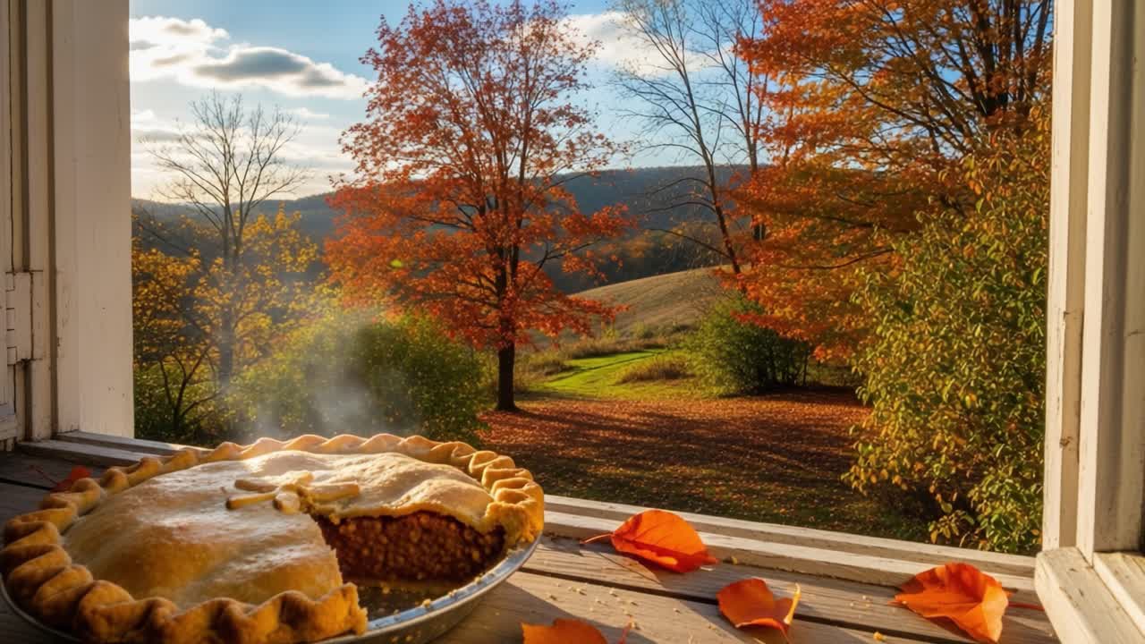 An Afternoon at the Window with a Warm Pumpkin Pie Surrounded by the Vibrant Autumn Leaves and a Scenic Landscape Bathed in Golden Sunshine