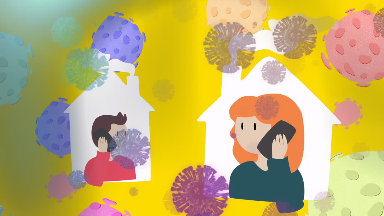 집에서 스마트폰으로 대화하는 남자와 여자, 노란색 배경의 코로나19 세포에 대한 아이콘