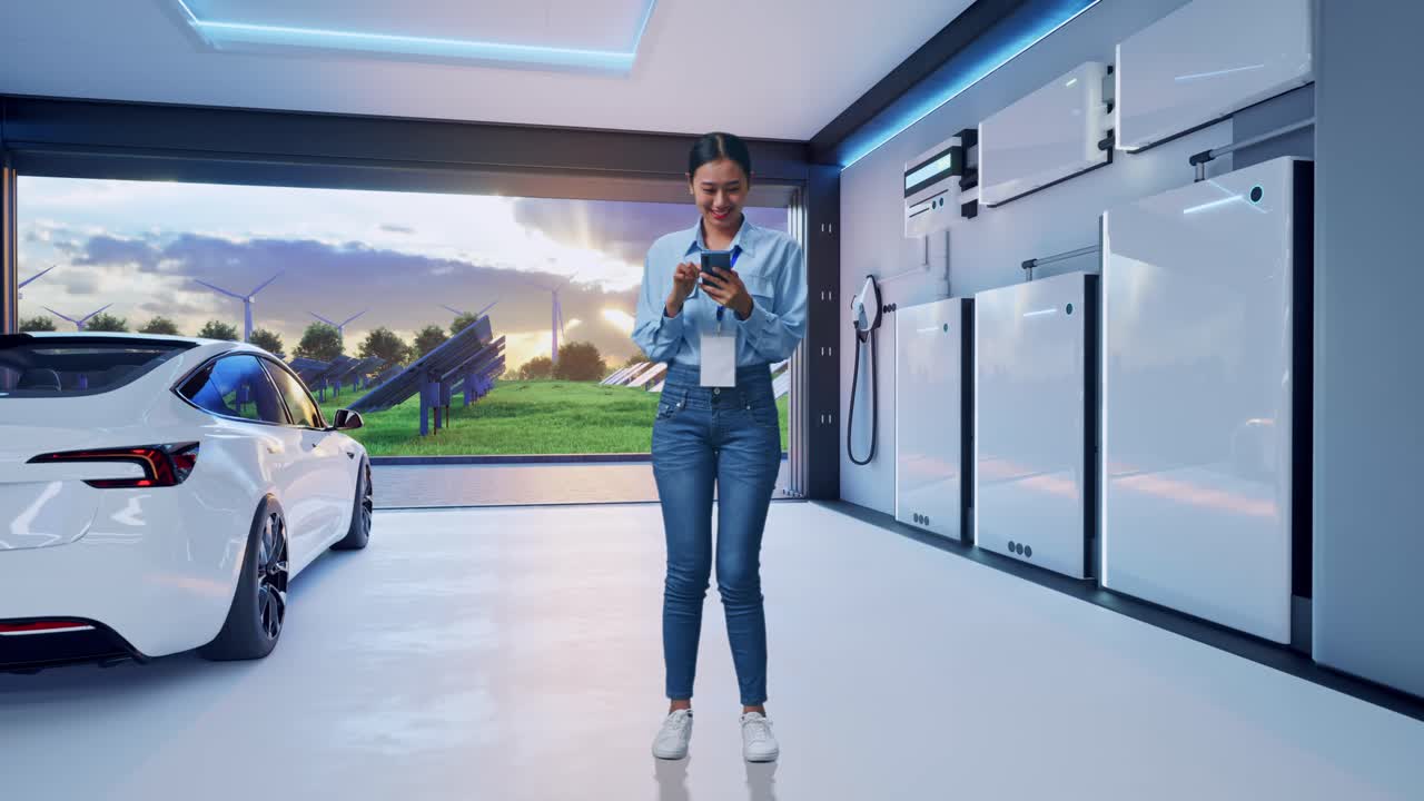 Full Body Of Asian Female With Her Smarphone With Home Energy Storage System In a Modern Garage, Working Continuously