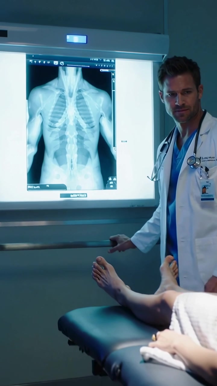 Vertical video: Reviewing xray, clinician stepping toward patient at exam table, palpating abdomen