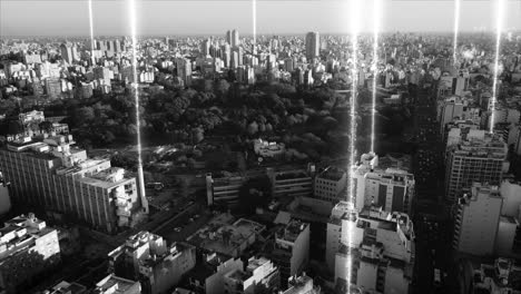 aerial drone shot of future concept with digital lines connecting city - park with trees surrounded by buildings and skyscrapers of metropolis - black and white colors - old against modern design