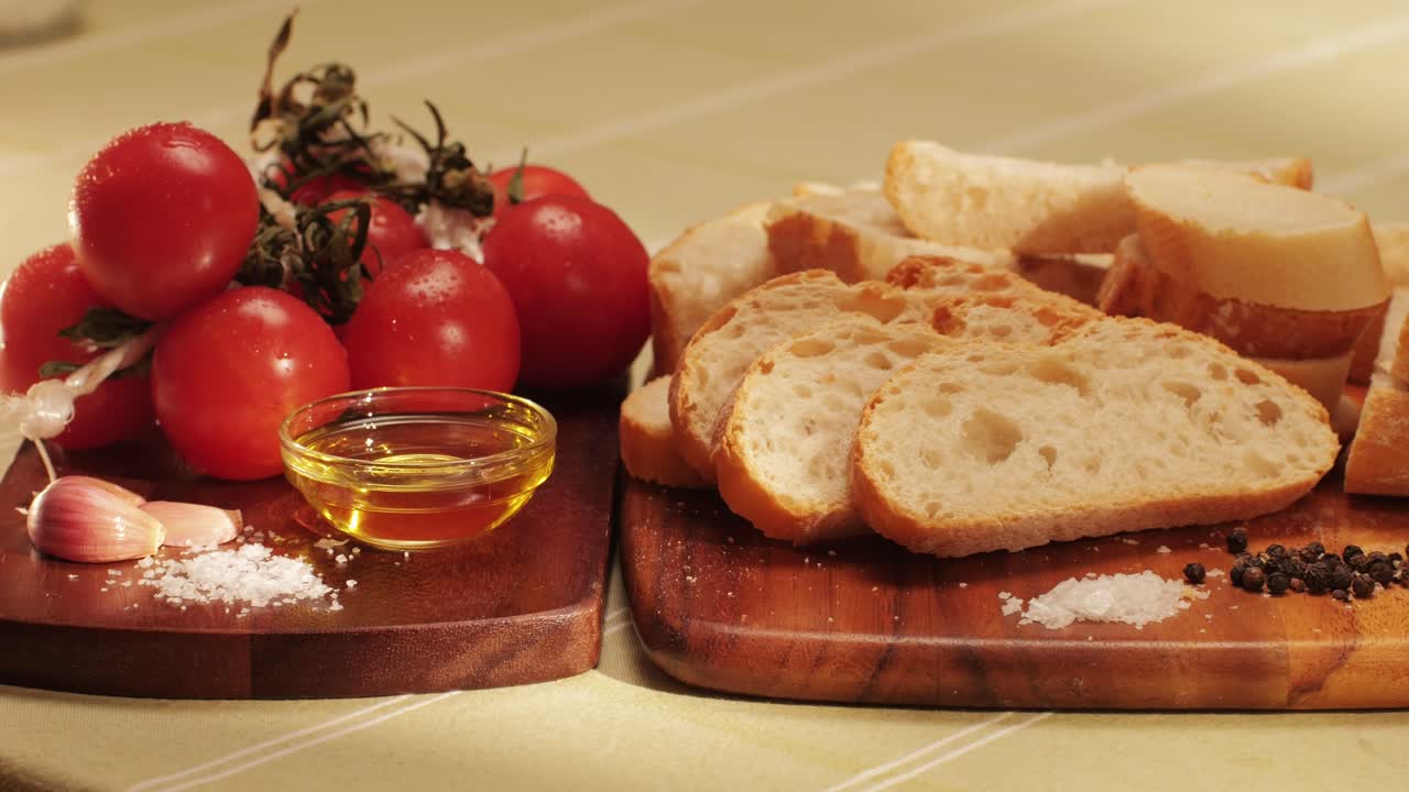 Delicious tapas bread with tomatoes pasta with olive oil close-up, bruschetta with red sauce ketchup, olives dry tomatoes and tasty sandwich bar appetizer, buffet